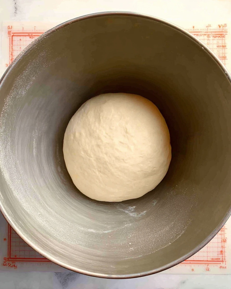 A round ball of smooth, pale dough sits in the center of a deep, silver mixing bowl. The dough has a soft, even texture and a light cream color, contrasting with the slightly shiny inside surface of the bowl. The bowl rests on a white marbled surface with a measuring mat partially visible underneath, featuring red markings. photo taken with an iphone --ar 4:5 --v 7