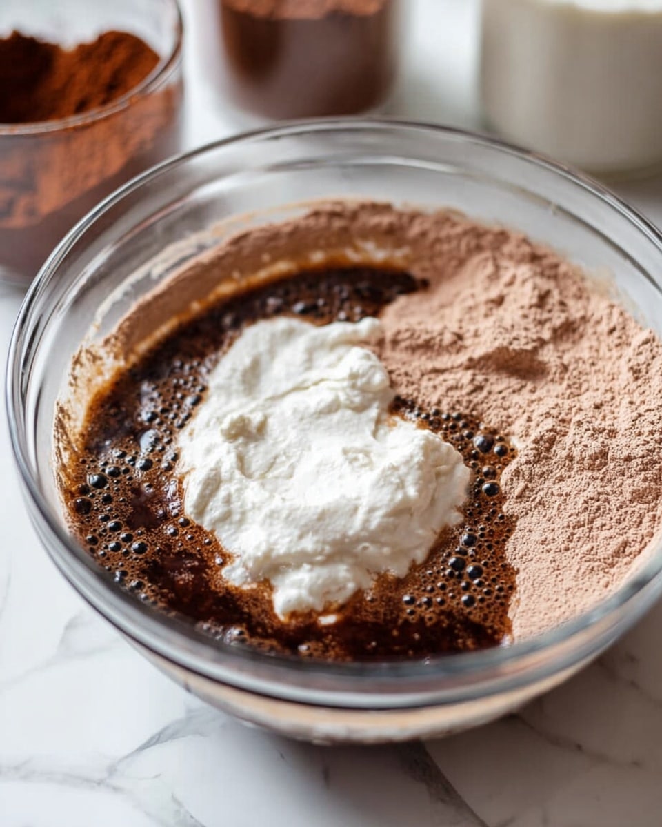 A clear glass bowl holds a mix of dry and wet ingredients in the middle of being combined. The bowl contains three main layers: a light brown powder forming a ring around the edges, a dark brown, bubbly liquid filling the center, and a dollop of thick white cream sitting on top of the dark brown liquid near the middle. The bowl is sitting on a white marbled surface with containers of cocoa powder and other ingredients blurred in the background. photo taken with an iphone --ar 4:5 --v 7