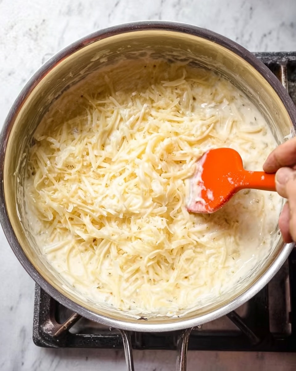 A close-up image of a metal pot filled with a creamy white sauce mixed with a large amount of shredded pale yellow cheese. A woman's hand holds an orange silicone spatula immersed in the creamy mixture, stirring the melted cheese. The pot is shiny and sits on a stove with black burners. The background surface around the pot is a white marbled texture. photo taken with an iphone --ar 4:5 --v 7