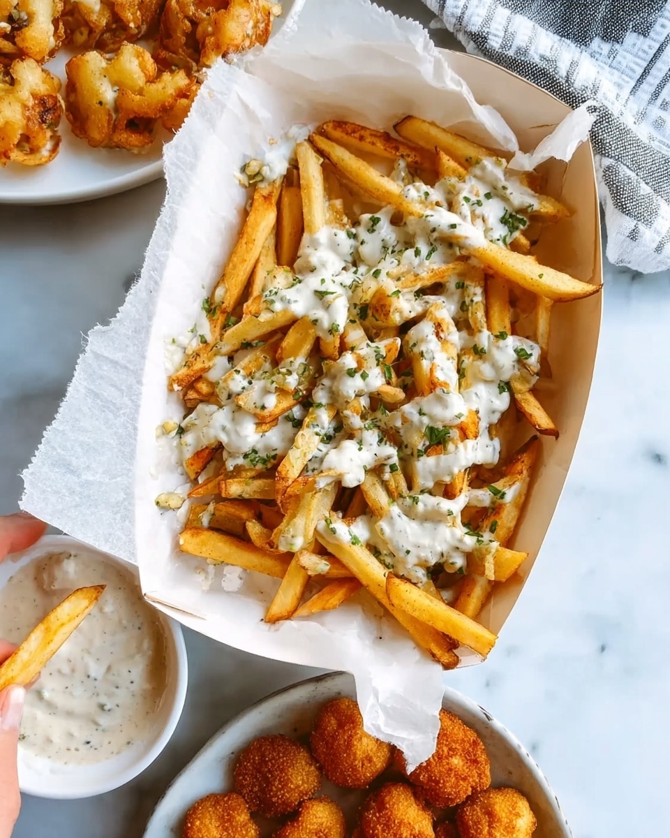 The image shows a white paper-lined container filled with golden fries topped with white creamy sauce and small bits of green herbs sprinkled on top. The fries are long, thin, and unevenly spread, with the sauce drizzled mostly in the center and some parts allowing the fries to show through. At the bottom right corner, there is a white bowl with round, golden-brown fried pieces. The background is a white marbled surface, and a small part of a white plate with more fries and sauce can be seen at the lower left. A woman's hand is about to reach the fries, and a striped cloth is partially visible at the upper right side. Photo taken with an iphone --ar 4:5 --v 7