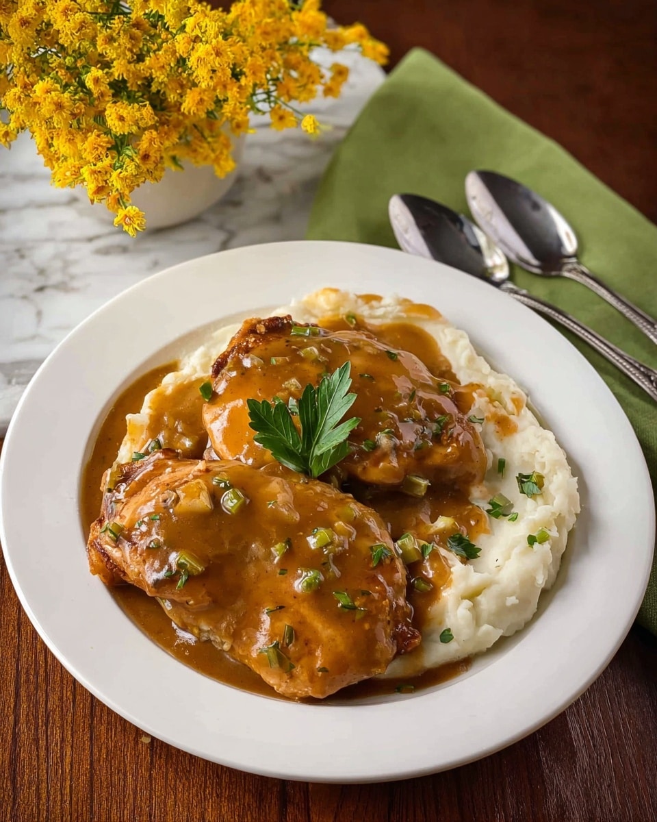 The dish shows a white plate with two large pieces of brown chicken covered in a thick, shiny brown gravy with small green herb bits and visible pieces of celery. Underneath and beside the chicken is a creamy, smooth bed of white mashed potatoes also topped with glossy brown gravy and sprinkled with small green herbs. A single green parsley leaf rests on the top piece of chicken. The plate is on a brown wooden table with a white marbled texture, next to a small bouquet of bright yellow flowers and a green cloth napkin partially visible. Two silver spoons rest at the edge of the plate. Photo taken with an iphone --ar 4:5 --v 7
