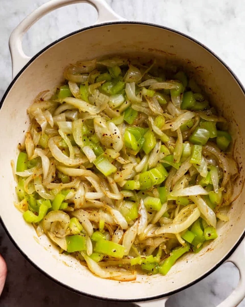 A white cooking pot filled with cooked sliced onions and celery. The onions are soft and translucent, light brown with some caramelized spots, while the celery is bright green and slightly tender. The ingredients are mixed evenly, showing a simple sauté with visible small seeds or spices scattered throughout. The pot sits on a white marbled surface, and a woman's hand is holding the pot handle on the left side of the image. photo taken with an iphone --ar 4:5 --v 7