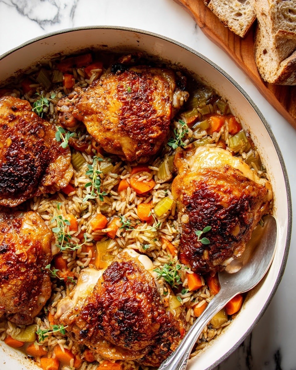 The image shows a white round baking dish filled with four golden-brown roasted chicken thighs on top of a bed of mixed rice, sliced orange carrots, and green celery pieces. The chicken skin is crispy with a textured, slightly charred surface, and small sprigs of fresh green herbs are scattered on top. The rice underneath is a blend of white and wild grains, looking soft and mixed with the vegetables. A silver spoon rests on the right side of the dish, partially submerged in the rice and vegetables. The dish is placed on a white marbled surface, with slices of rustic bread on a wooden board visible in the top right corner, adding a warm, homely touch. Photo taken with an iphone --ar 4:5 --v 7