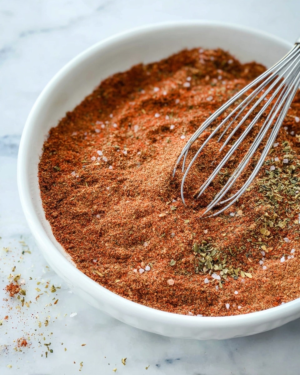 A close view of a white bowl filled with a mix of ground spices, showing various colors with a dominant reddish-brown tone from the spices, scattered light salt crystals, and small green dried herb pieces mixed throughout; a metal whisk rests on the right side inside the bowl, and the bowl is placed on a white marbled surface with some spice bits around. photo taken with an iphone --ar 4:5 --v 7