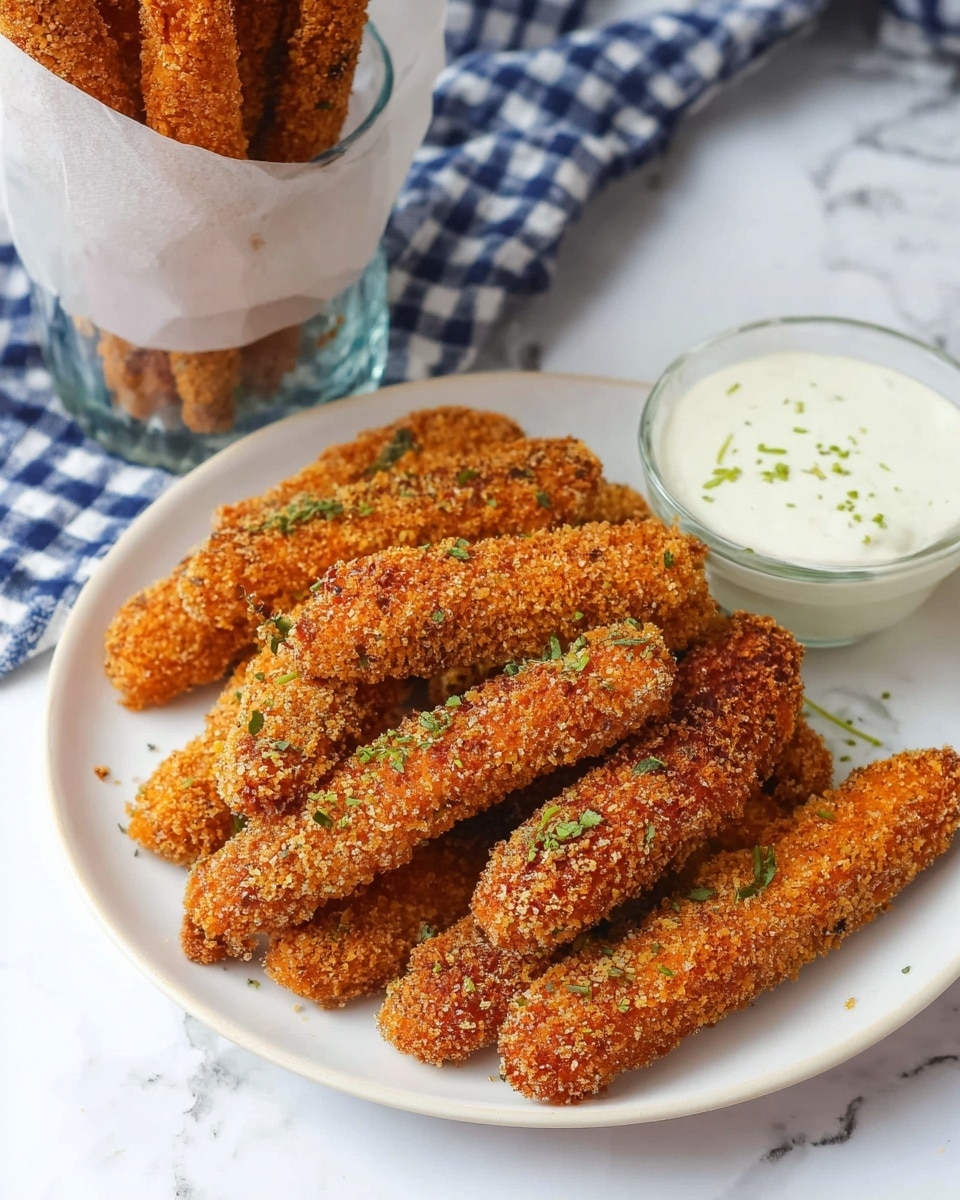 The image shows a white plate filled with about fifteen crispy, golden-brown breaded sticks, each with a rough crunchy texture and sprinkled with small bits of green herbs scattered on top. Behind the plate, a clear glass with paper wrapping holds more of these sticks standing upright. In the background, a small clear bowl of white creamy dipping sauce with green specks is placed on a blue and white checked cloth. The whole scene is set on a white marbled surface. photo taken with an iphone --ar 4:5 --v 7