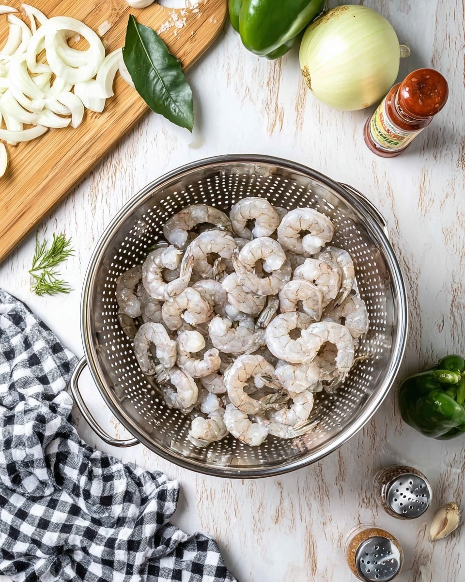 A top view of a round silver metal colander filled with peeled, raw shrimp arranged loosely in layers with gray and white tones. The colander sits on a white marbled textured surface with chopped white onion and a green bell pepper on a wooden board towards the upper left corner. Nearby are a whole white onion, a bay leaf, some green herbs, a clove of garlic, salt and pepper shakers, and a bottle of red hot sauce. A black and white checkered cloth napkin is placed under the colander on the lower left. Photo taken with an iphone --ar 4:5 --v 7