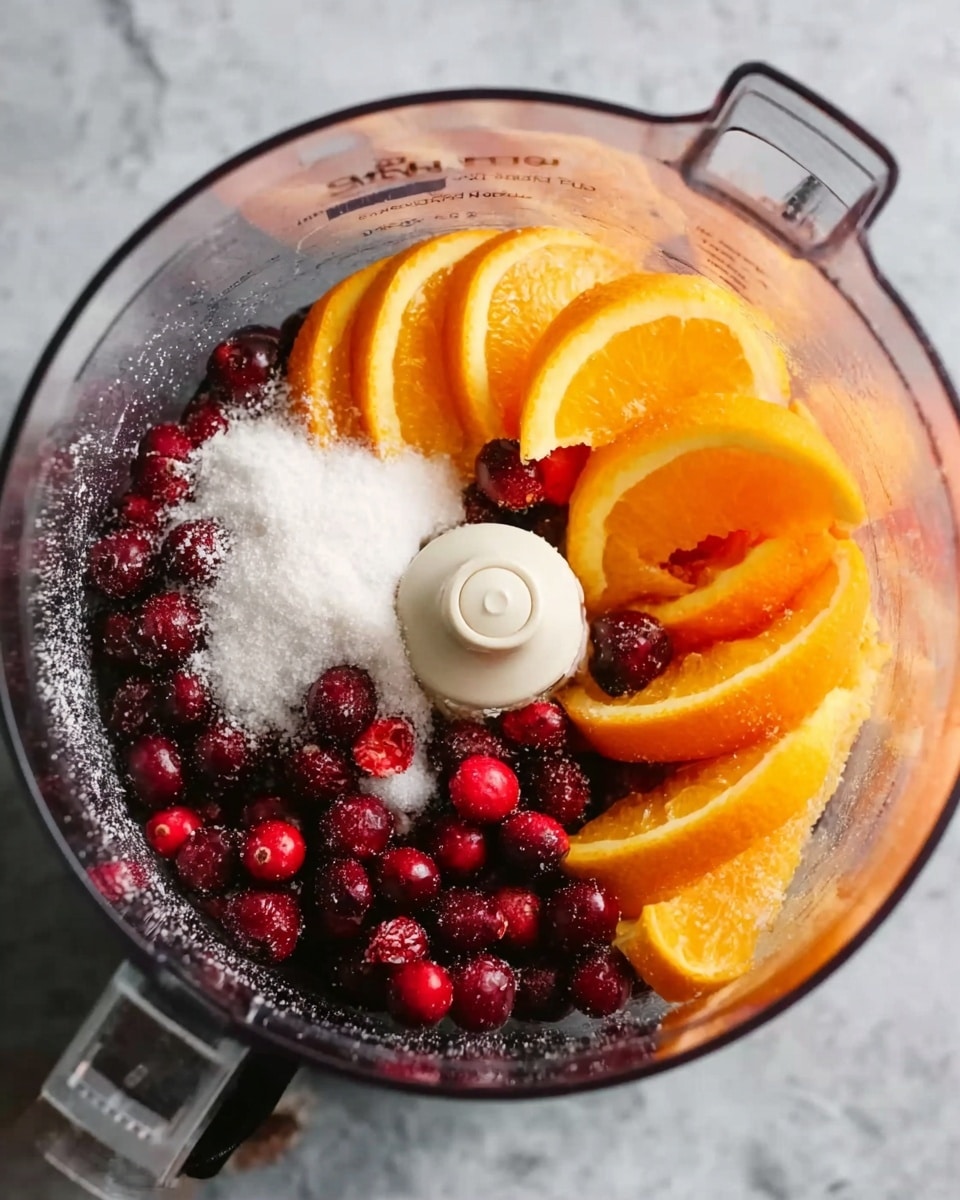 The image shows the inside of a clear food processor bowl filled with several ingredients. At the bottom, there are dark red cranberries scattered around. On top of the cranberries, there are six orange wedges arranged in a circle, with their bright orange skin and juicy texture visible. A large pile of white granulated sugar covers part of the fruit near the center. The background surface is a white marbled texture. A woman's hand can be seen at the edge holding the food processor. Photo taken with an iphone --ar 4:5 --v 7