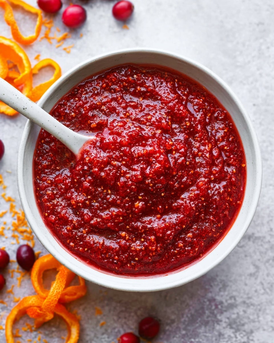 A close-up of a white bowl filled with a thick, textured red sauce that looks fresh and slightly coarse, with tiny bits throughout giving it a rich, juicy appearance. A white spoon is placed inside the bowl, resting on the left side. Around the bowl, there are scattered orange peel curls and fresh cranberries on a white marbled surface. The bright red sauce contrasts nicely with the white bowl and soft colors of the background. photo taken with an iphone --ar 4:5 --v 7