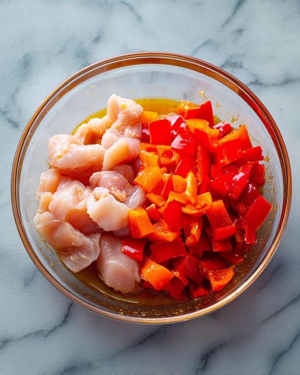 A clear bowl holds two main layers: on the left, there are raw pale pink chicken pieces with a smooth, slightly shiny surface, and on the right, there are bright red and orange bell pepper chunks with a firm, glossy texture. Both ingredients sit in a golden brown marinade that pools slightly on the bottom, showing a thin, glossy liquid layer. The bowl is placed on a white marbled surface, making the colors of the ingredients stand out clearly. photo taken with an iphone --ar 4:5 --v 7