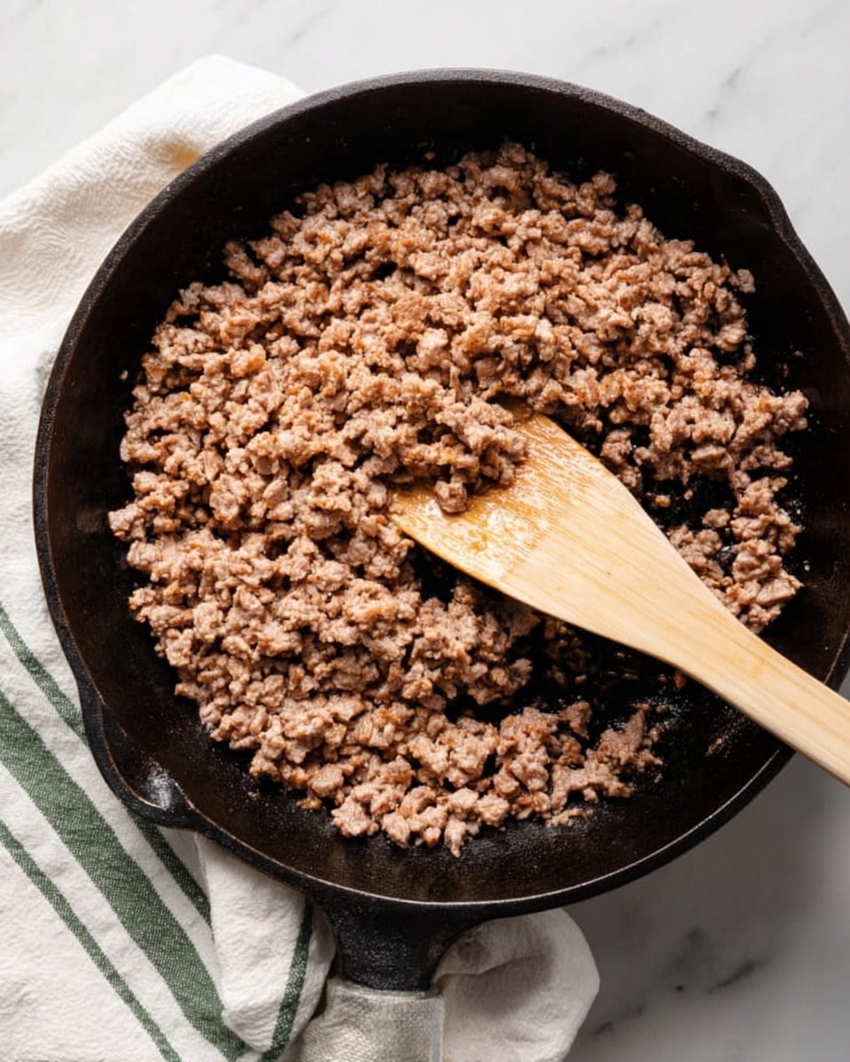 A black cast iron pan filled with cooked ground meat that is light brown and crumbly, covering most of the pan’s surface. A light wooden spoon is stirring the meat from the right side, with its handle extending out of the pan. The pan is placed on a white marbled surface with a white cloth that has green stripes on the left side. The lighting is soft, making the textures of the meat and the pan clearly visible. Photo taken with an iphone --ar 4:5 --v 7