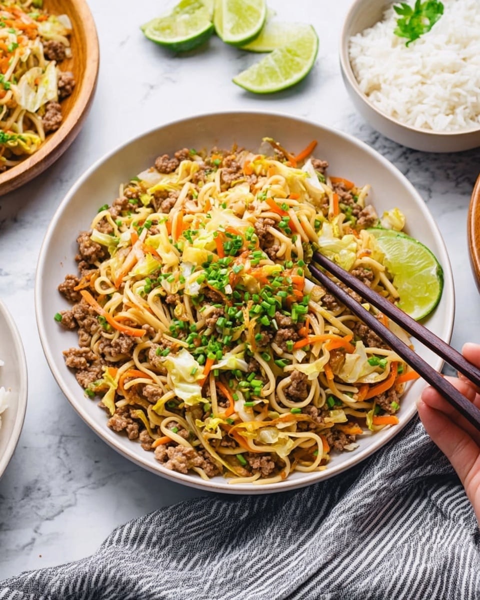A white shallow bowl filled with a mixed dish consisting of thin yellow noodles and small pieces of light brown cooked meat layered evenly at the bottom, scattered with thin strips of orange carrot and light green cabbage on top, and garnished with finely chopped green onions spread across the surface. Two dark brown chopsticks rest on the edge of the bowl held by a woman's hand, angled diagonally into the dish. In the background, there is a round light wooden bowl holding white rice, a few lime wedges, and a smaller white bowl with more of the noodle mix on a white marbled surface, next to a gray and white striped cloth. photo taken with an iphone --ar 4:5 --v 7