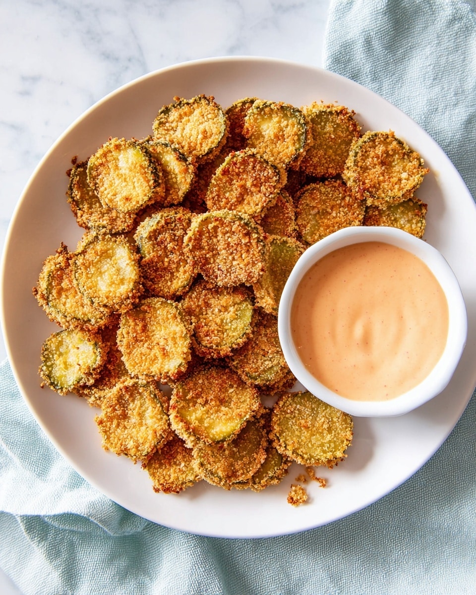 A white plate holds a pile of crispy, golden-brown fried pickle slices, each coated in a crunchy breading with rough texture and uneven edges, showing green pickle skin around the rim. On the right side of the plate sits a small white bowl filled with a creamy, light orange dipping sauce. The plate is set on a soft light blue cloth, all placed on a white marbled texture surface. photo taken with an iphone --ar 4:5 --v 7