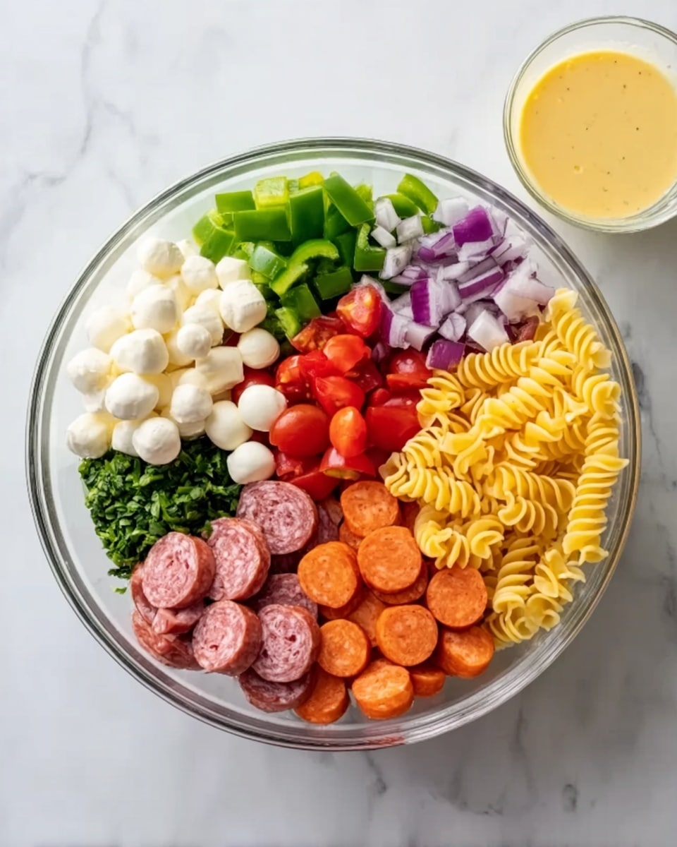 A clear glass bowl on a white marbled surface filled with many colorful ingredients neatly arranged in sections. Starting from the top and moving clockwise: small chopped green bell peppers, small white cheese balls, halved red cherry tomatoes, spiral yellow pasta, chopped green herbs, finely chopped purple onions, grated white cheese, sliced black olives, small pieces of pinkish-red salami, and round slices of orange mini sausages. To the side of the bowl, there is a small clear glass container with a light yellow dressing inside. The photo taken with an iphone --ar 4:5 --v 7