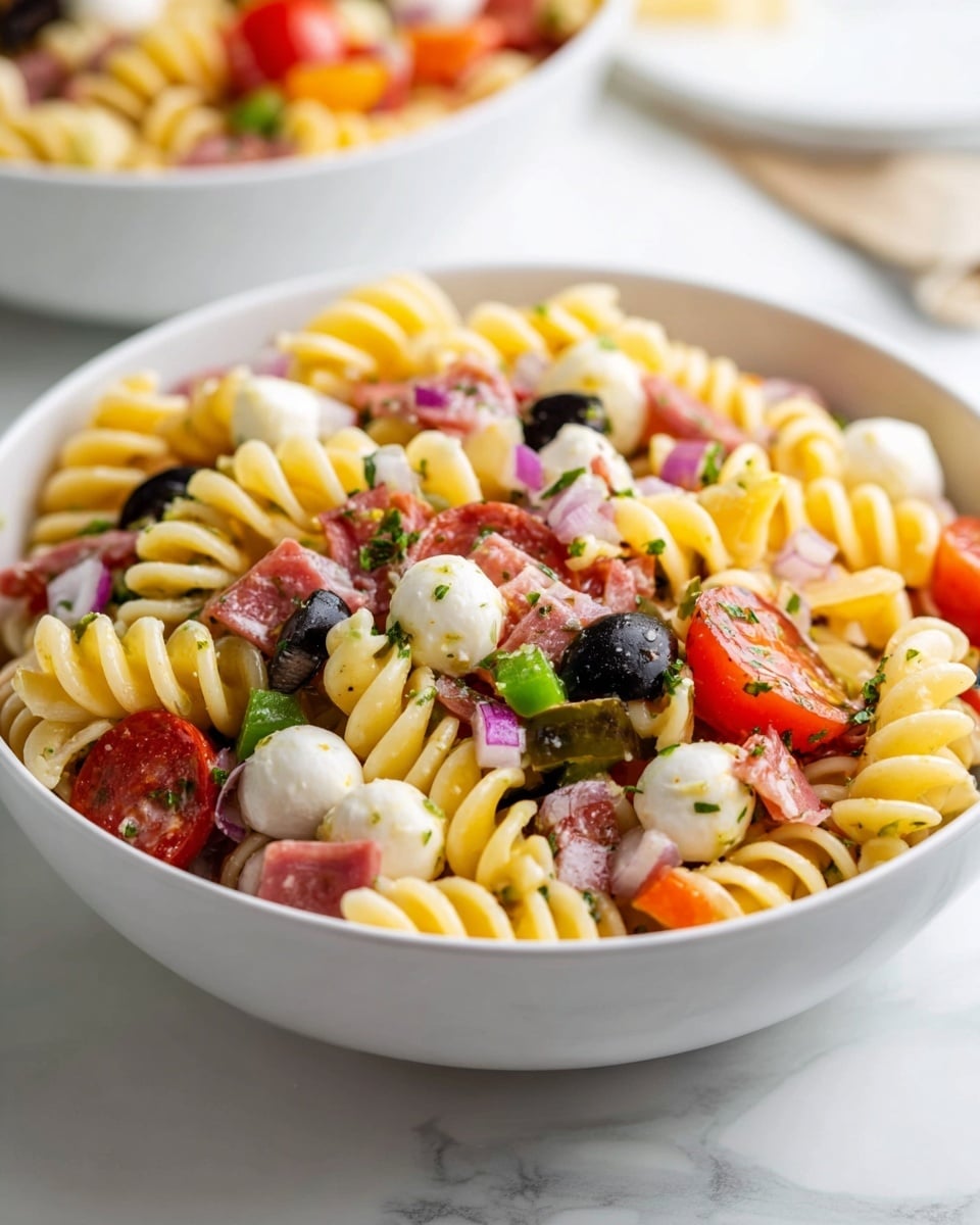 The image shows a white bowl filled with a colorful pasta salad. The visible layers from bottom to top include pale yellow spiral pasta, mixed evenly with small white mozzarella balls, bright red cherry tomato halves, black olive slices, green bell pepper pieces, and bits of pink salami. There are also small diced red onions and a light sprinkling of green herbs spread throughout the dish. The bowl rests on a white marbled surface with another similar bowl blurred in the background. photo taken with an iphone --ar 4:5 --v 7