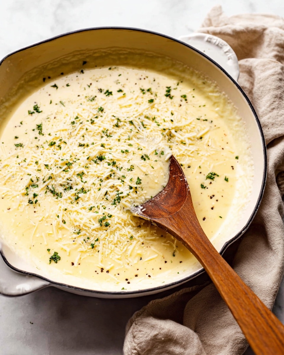 A white cast iron pan holds a creamy, pale yellow sauce that fills the pan almost to the top, sprinkled evenly with finely grated white cheese and small green parsley bits, with a few black specks of pepper. A wooden spoon rests inside the sauce, partly submerged, showing the sauce’s smooth and thick texture. The pan is set on a white marbled surface with a soft beige cloth in the background. The overall look is warm and inviting, showing a rich, cheesy dish ready to be served. photo taken with an iphone --ar 4:5 --v 7