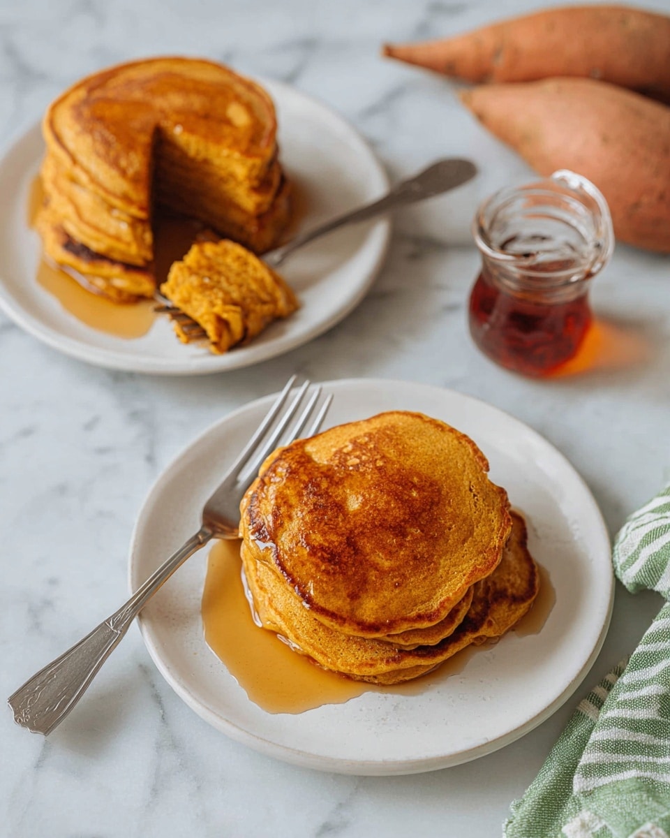The image shows two stacks of golden brown pancakes on two white plates placed on a white marbled surface. The stack in the foreground has three round pancakes with syrup drizzled over them, and a silver fork is placed touching the top pancake. The stack in the background has three pancakes with one thick pancake cut into three triangular pieces, and a silver fork holding a piece beside the stack. To the right, there is a small glass jug filled with amber syrup. Sweet potatoes are seen at the left edge and a green-striped cloth is partially visible on the bottom right. Photo taken with an iphone --ar 4:5 --v 7