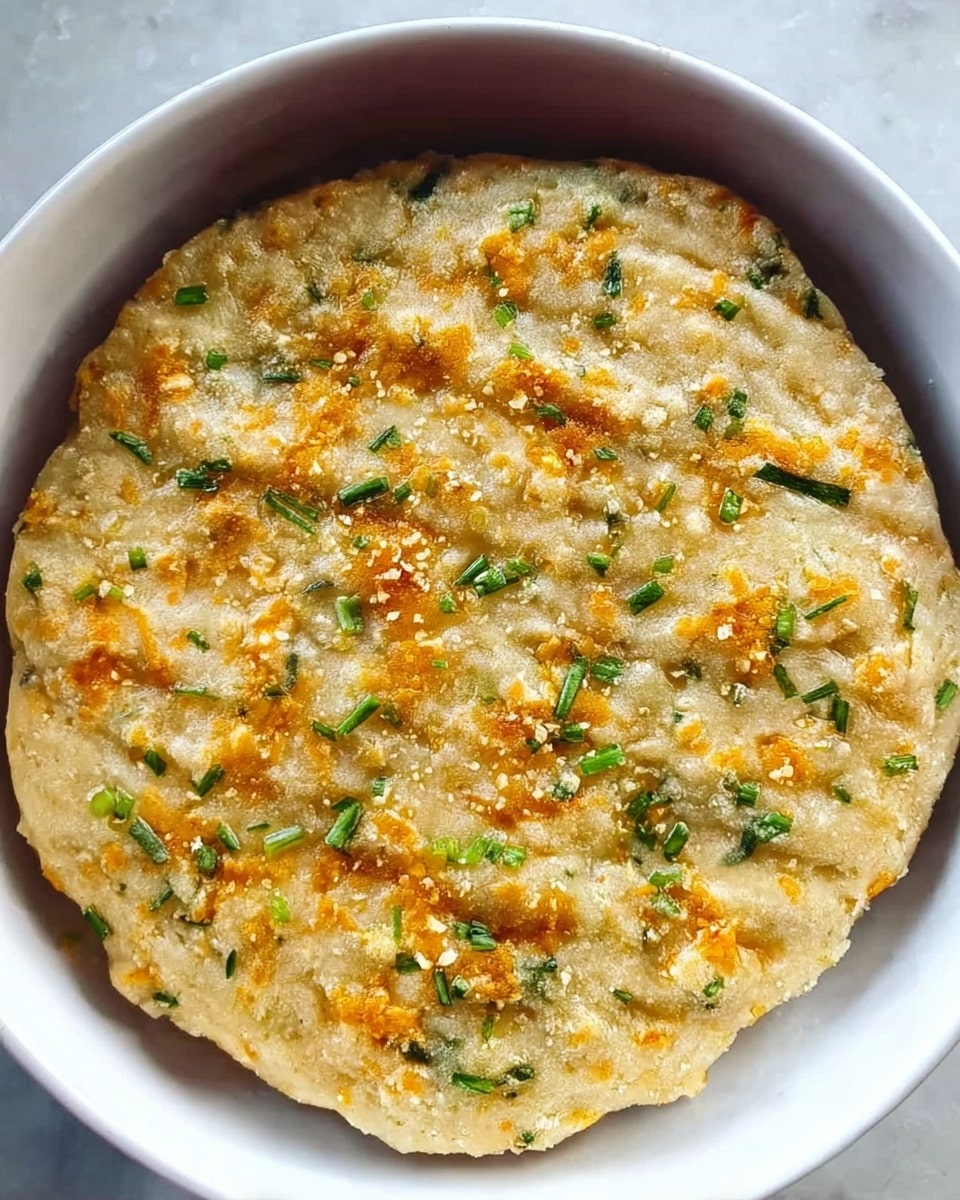 A round, thick flatbread sits inside a white bowl, resting on a white marbled surface. The flatbread has a grainy texture with small bits of orange cheese and green herbs sprinkled evenly throughout the top layer. The surface of the flatbread is slightly uneven with visible folds and dimples, giving it a homemade, rustic look. Photo taken with an iphone --ar 4:5 --v 7