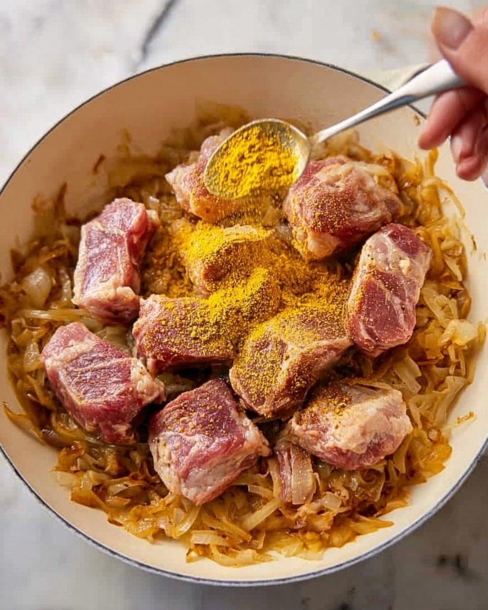 In a white pan on a white marbled surface, several pieces of raw meat with a pinkish-red color are arranged on top of a thick layer of cooked, golden-brown onions. A yellow spice is being sprinkled over the meat from a spoon held by a woman's hand, adding a bright contrast to the earthy tones of the dish. The onions underneath are soft and slightly caramelized, creating a textured base around the meat pieces. The entire scene is brightly lit, showing a close-up, top-down view. photo taken with an iphone --ar 4:5 --v 7
