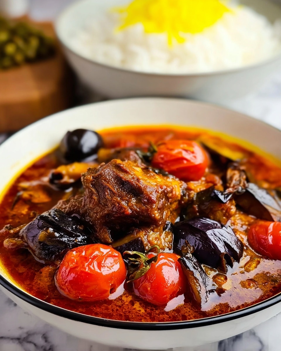 A white bowl with a black rim holds a rich red stew filled with several layers of ingredients: dark brown cooked meat pieces resting on top, glistening bright red cherry tomatoes scattered around, and large chunks of deep purple eggplant and black mushrooms mixed throughout. The stew looks thick with a glossy surface, showing hints of bright yellow oil on the sauce. In the blurred background, there is a white bowl filled with white rice topped with a small amount of yellow saffron rice. The scene is set on a white marbled surface. photo taken with an iphone --ar 4:5 --v 7