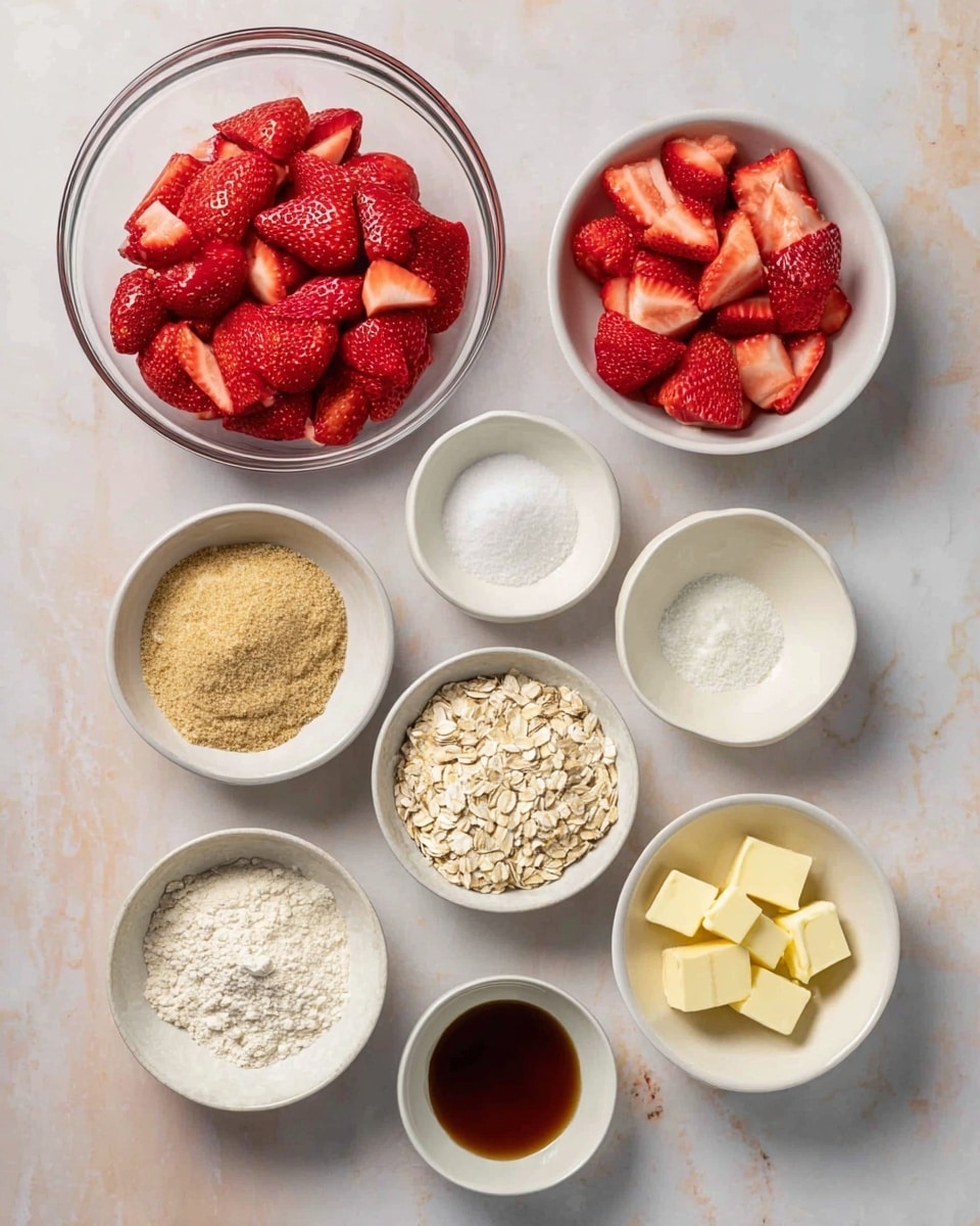 The image shows nine small white bowls and one clear bowl arranged on a white marbled surface. The clear bowl at the top left is filled with fresh, red strawberry pieces cut into halves and quarters, showing bright red flesh and seeds. Below and around it, the white bowls contain different ingredients: light brown sugar with a crumbly texture, pale yellow rolled oats, soft white flour powder, fine white sugar, small white granules of salt, light yellow melted butter, cubed yellow butter pieces, and dark brown vanilla extract. The bowls are placed neatly with some space between them, creating a clean and organized look. Photo taken with an iphone --ar 4:5 --v 7