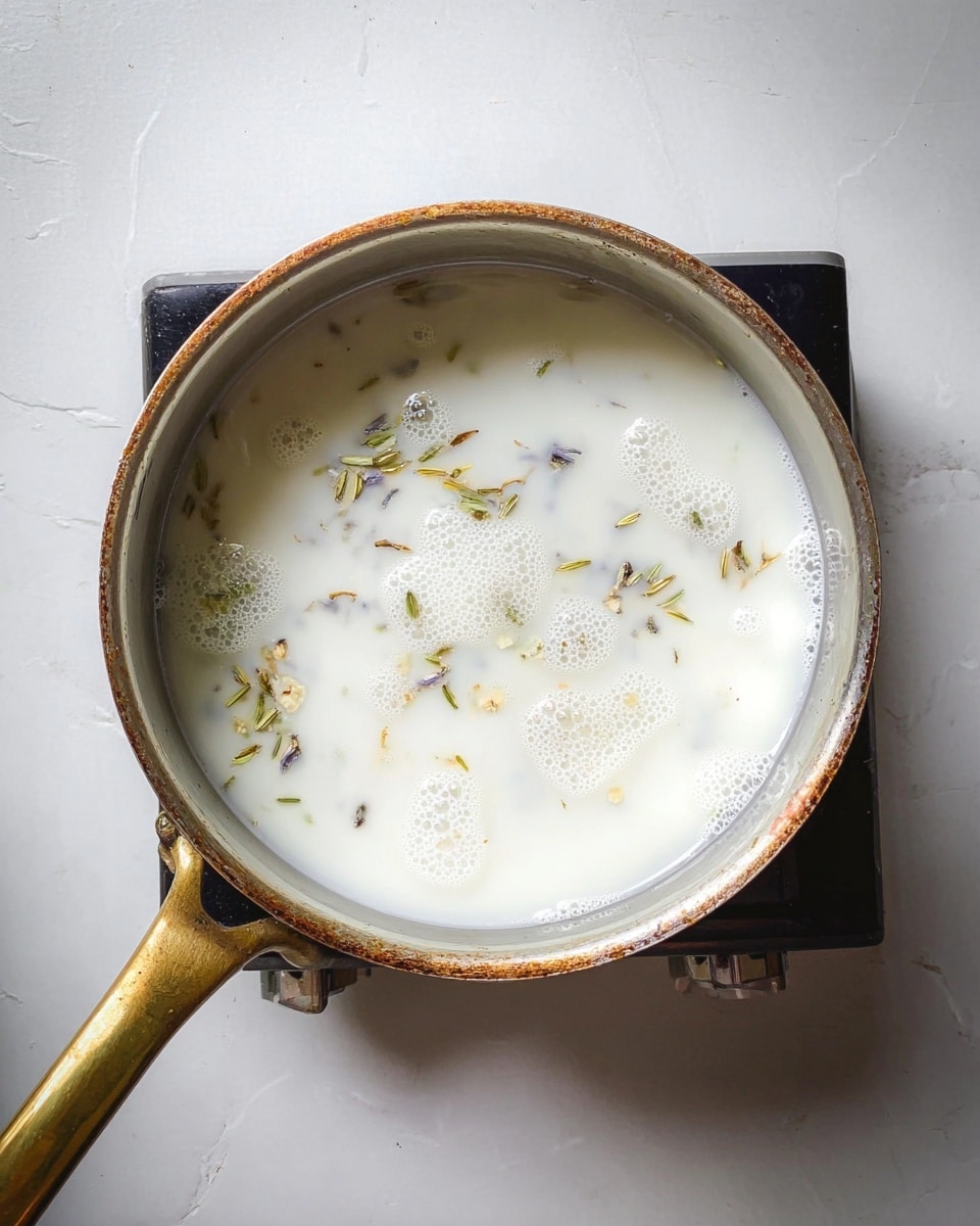 A stainless steel pot with a rusty golden handle is placed on a black stove. Inside the pot, there is a white, milky liquid with small greenish and brownish spice pieces floating on the surface, along with some bubbles near the bottom edge. The background is a white marbled texture. photo taken with an iphone --ar 4:5 --v 7