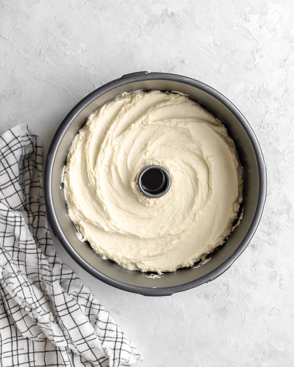 A dark gray bundt pan filled with a smooth, pale cream batter evenly spread inside, showing soft swirls and texture on the surface. The pan rests on a white marbled textured surface, next to a folded white and black checked cloth. The image is taken from above, highlighting the thick and creamy batter within the pan, ready for baking. photo taken with an iphone --ar 4:5 --v 7