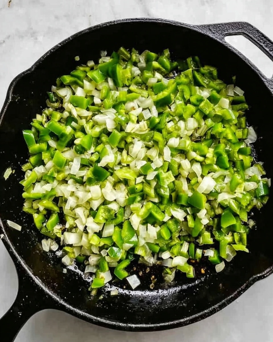 A black cast iron pan filled with fresh chopped green bell peppers and white onions spread evenly over the surface. The bright green and white pieces create a colorful, fresh look, mixed together with some oil visible around the edges of the pan. The pan is placed on a white marbled surface, making the colors stand out clearly. Photo taken with an iphone --ar 4:5 --v 7