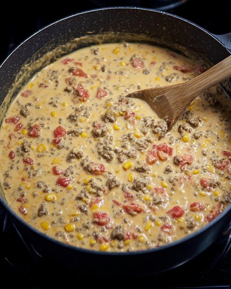 A large black pot filled with a thick, creamy sauce that has a yellowish color with small chunks of cooked ground meat, red diced tomatoes, and yellow corn kernels mixed throughout. A wooden spoon rests inside the pot, partially covered by the sauce, showing the texture of the mixture which looks smooth and slightly lumpy. The pot sits on a stovetop with a dark background. The sauce appears warm, rich, and ready to serve photo taken with an iphone --ar 4:5 --v 7