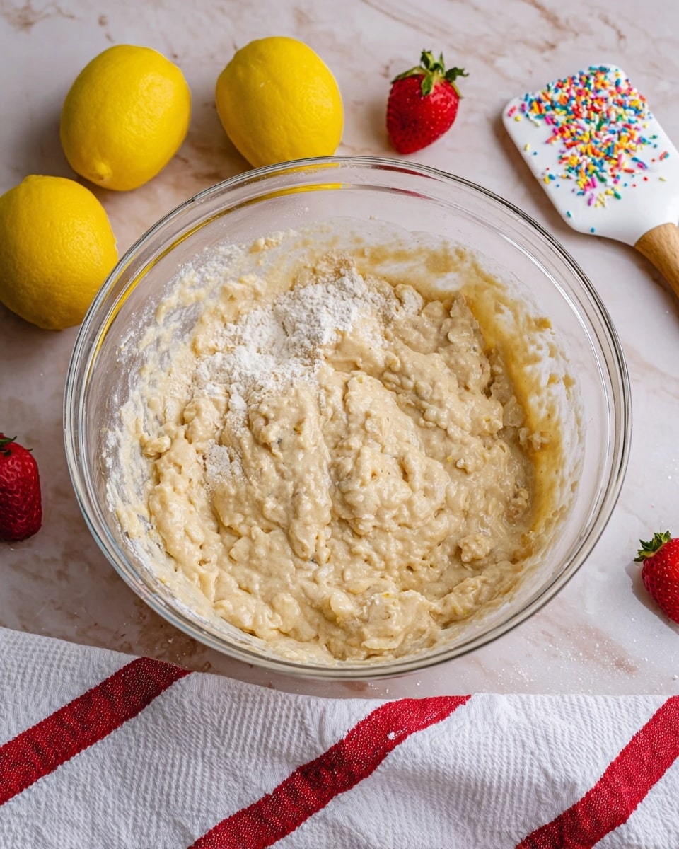 A clear glass bowl filled with light beige, thick batter that has a slightly chunky texture on top, with some white flour scattered on the batter’s surface. The bowl sits on a white marbled surface, near three bright yellow lemons and three red strawberries with green leaves. Next to the bowl is a white spatula decorated with small colorful sprinkles, and a white cloth with red stripes is partially visible underneath the bowl. The batter looks ready for mixing or baking photo taken with an iphone --ar 4:5 --v 7
