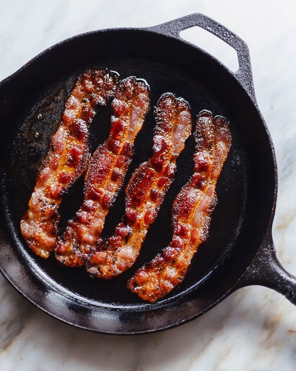 A black cast iron pan sits on a white marbled surface, holding four long strips of cooked bacon. Each bacon strip shows a mix of dark brown crispy edges and red-brown meaty parts with fat bubbling on the surface. The pan's texture is rough and matte, contrasting with the shiny, greasy bacon. The cast iron handle and side holder are visible, giving a rustic look. photo taken with an iphone --ar 4:5 --v 7