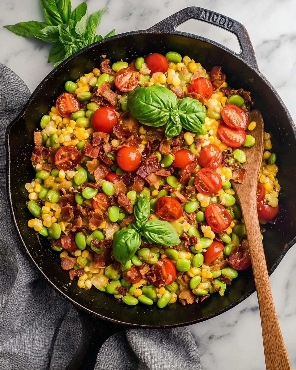 A black cast iron pan filled with a colorful mix of food, laid on a gray cloth on a white marbled surface. The dish has many layers: bright yellow corn and green edamame beans scattered all over, soft cooked onions in small white pieces, and halved red cherry tomatoes with shiny skin placed evenly throughout. Crispy brown bacon bits are mixed in, adding a crunchy texture, while fresh green basil leaves are placed on top as a garnish. A wooden spatula is resting inside the pan among the food. photo taken with an iphone --ar 4:5 --v 7