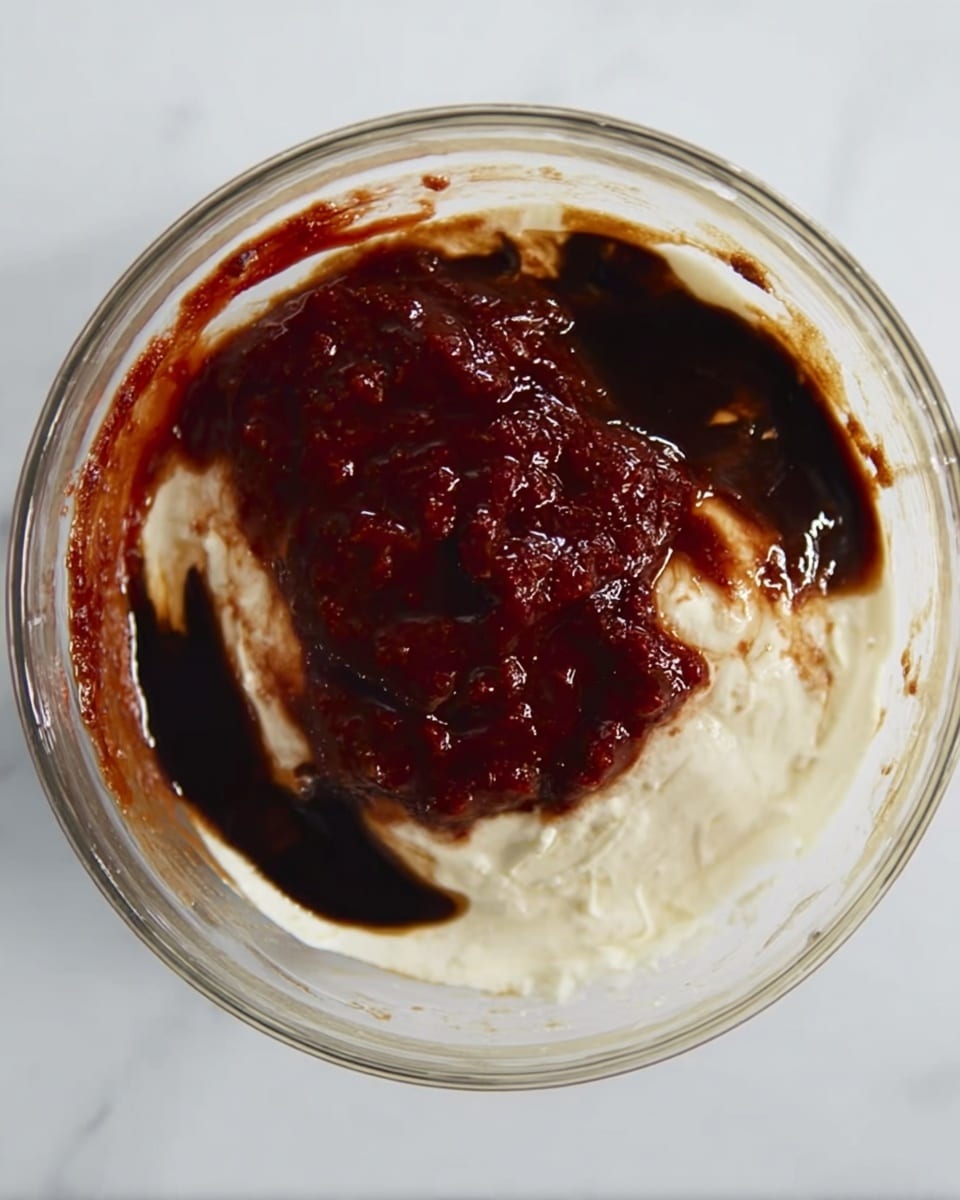 The image shows a clear glass bowl with three visible layers inside, placed on a white marbled surface. The bottom layer is thick and creamy off-white. Above it is a dark brown sauce layer, slightly glossy and thick in texture. The top layer is a chunky, deep red sauce covering part of the brown sauce and cream. The bowls' rim is visible with some smudges of the sauces, showing a mix of smooth and thick textures. photo taken with an iphone --ar 4:5 --v 7