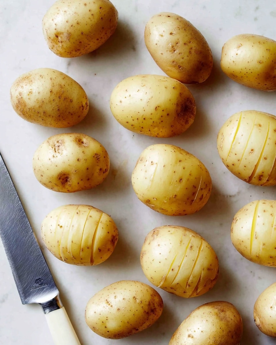 The image shows several peeled potatoes arranged in neat rows on a white marbled surface. Each potato is smooth and light yellow with small brown spots, showing their natural skin texture. On the lower left, a shiny metal knife with a white handle lies flat, its blade pointing toward the center of the potatoes. The scene looks clean and organized with no additional objects around. Photo taken with an iphone --ar 4:5 --v 7
