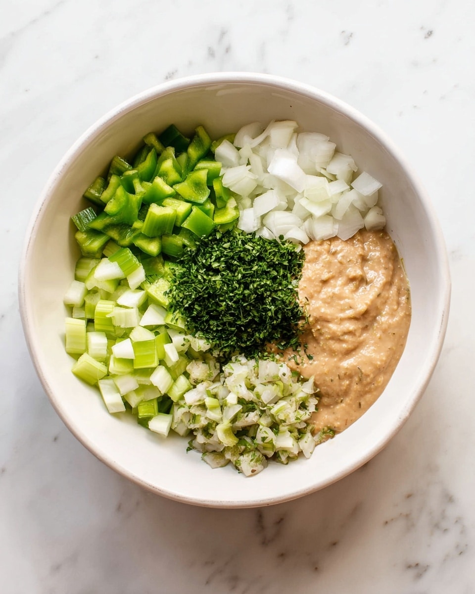 Inside a white bowl on a white marbled surface, there are five separate parts of ingredients arranged without mixing. Starting from the bottom left and moving clockwise, the first layer consists of light green cubes of celery with a crunchy texture. Above it, there are white chopped onion pieces that look fresh and crisp. Next to the onion, there are green diced bell peppers that add a bright, shiny color. Moving right, there is a dark green pile of finely chopped parsley sitting on a thick beige sauce that has a smooth, creamy texture. Finally, near the bottom right of the sauce, there is a small mound of finely chopped pickles mixed with onions, showing a mix of pale green and light tan colors. Photo taken with an iphone --ar 4:5 --v 7