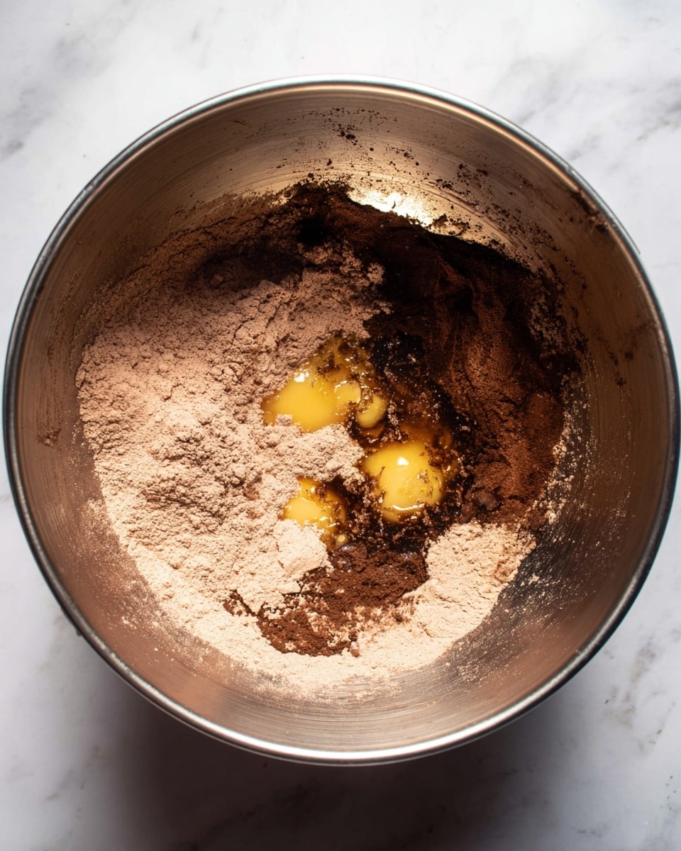 A metal bowl filled with a mix of dry and wet ingredients for baking, where the bottom and sides hold a light brown powder likely cocoa or flour, scattered unevenly around darker brown sticky liquid and small golden-yellow patches of egg yolk in the center. The ingredients create a textured look with powdery, wet, and shiny spots blending together inside the bowl. The bowl sits on a white marbled surface. photo taken with an iphone --ar 4:5 --v 7