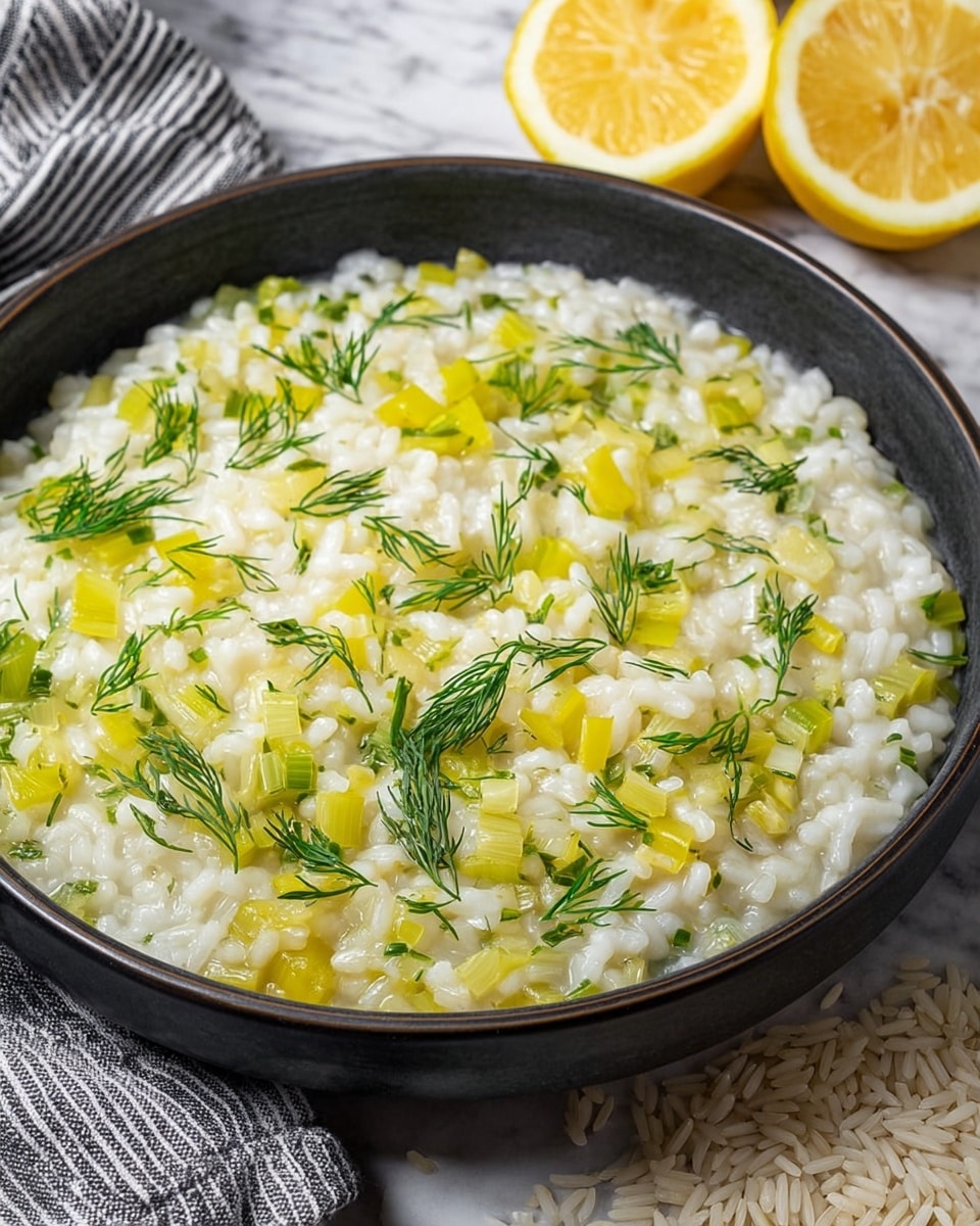 A close-up view of a black round bowl filled with creamy risotto, showing three main layers: a soft white rice base mixed with small pale yellow pieces, scattered bright yellow chunks of vegetable (likely leek), and fresh green dill sprigs spread evenly on top, adding a pop of color and texture. The bowl sits on a white marbled surface with grains of uncooked rice nearby and a striped cloth to the left. In the background, two halves of a lemon add a bright yellow contrast to the scene. Photo taken with an iphone --ar 4:5 --v 7
