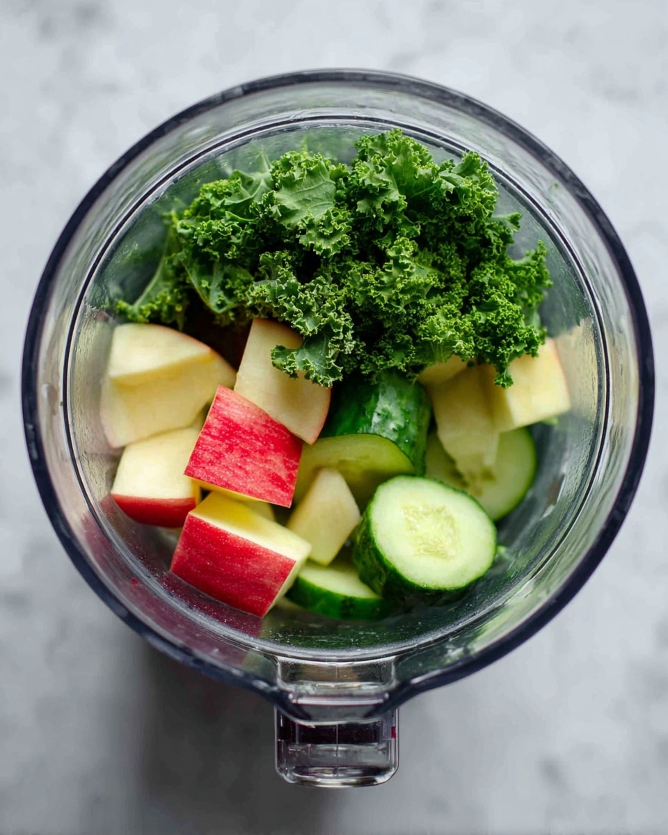 Inside a clear blender container on a white marbled surface, there are three main layers of fresh ingredients. The bottom layer has large pieces of green cucumber with a smooth texture. Above that, chunks of red apple with light yellow flesh appear, showing a crisp texture with red skin edges. The top layer consists of bright green kale leaves with a curly and rough texture, filling the space above the fruit and vegetable pieces. The blender's clear handle is visible at the bottom center. Photo taken with an iphone --ar 4:5 --v 7