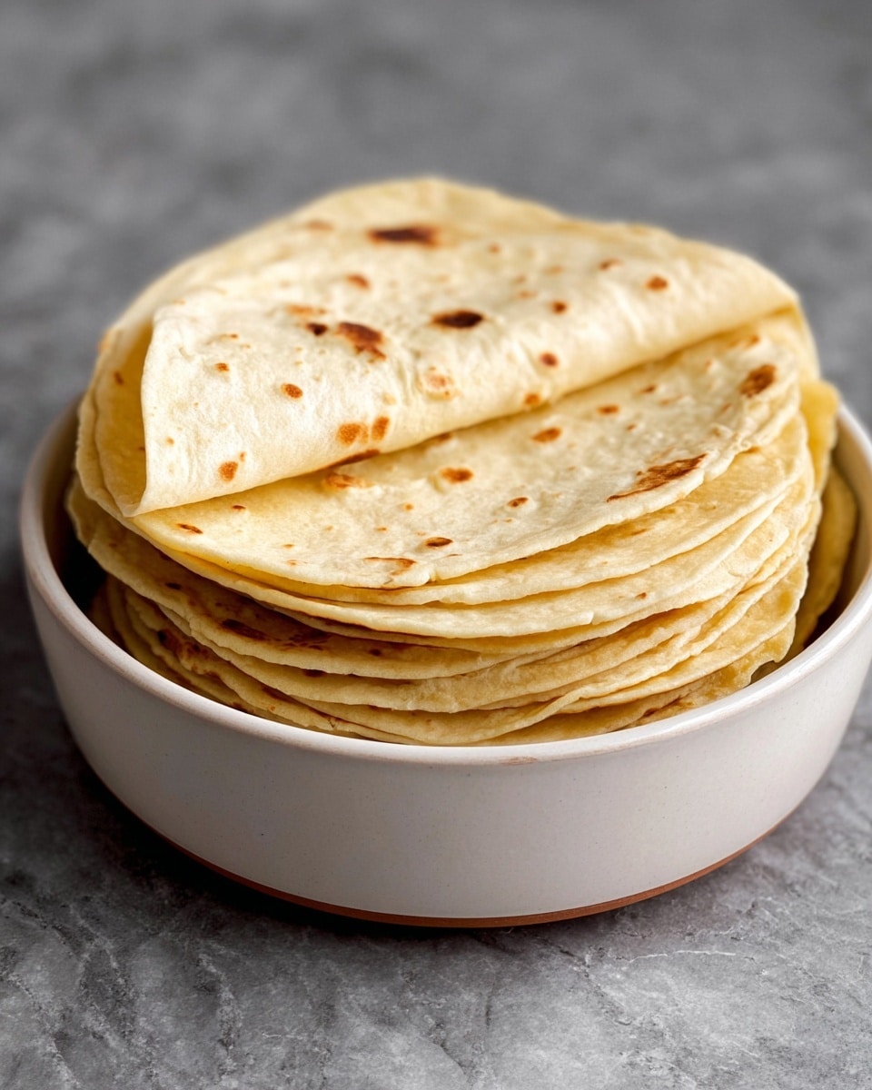 A stack of eight light beige tortillas with little brown spots, neatly piled inside a white round bowl. The top tortilla is lifted from one side, showing its soft, thin texture and slightly warm look. The bowl rests on a white marbled surface, providing a clean, bright contrast to the warm tones of the tortillas. The image captures the simple, fresh feel of homemade bread. photo taken with an iphone --ar 4:5 --v 7