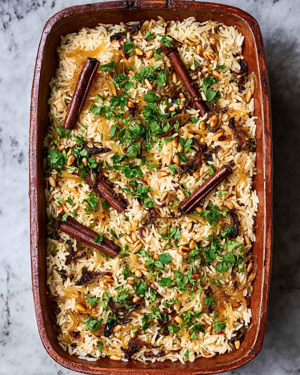 A rectangular earthenware dish filled with cooked rice mixed with caramelized onions, golden pine nuts, and whole cinnamon sticks spread evenly across the top. The rice grains are fluffy and golden-brown, interspersed with dark brown fried onions and garnished with bright green chopped herbs scattered generously over the surface. The edges of the dish are slightly darker, showing a well-used rustic look, and the background is a white marbled texture. Photo taken with an iphone --ar 4:5 --v 7