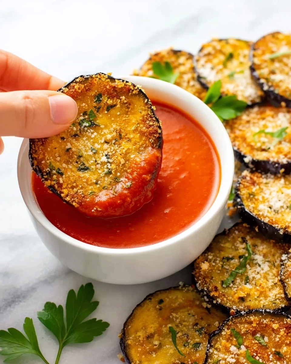 The image shows a close-up of a woman's hand holding a round, golden-brown slice of roasted eggplant with a slightly crispy texture and sprinkled with herbs. The eggplant slice is being dipped into a smooth, bright red tomato sauce served in a small white bowl. Around the bowl, there are more roasted eggplant slices arranged on a white marbled surface, some garnished with small green herb pieces and a light dusting of grated cheese. A few fresh parsley leaves are placed near the bowl, adding a touch of green to the scene. The photo taken with an iphone --ar 4:5 --v 7