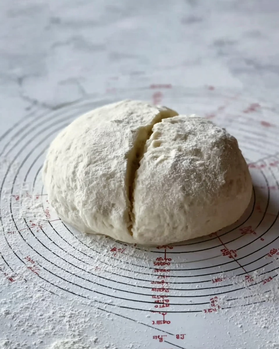 A round dough ball placed on a white marbled surface with measurement circles printed on it. The dough is split almost in half with a clean fold showing a soft, smooth white texture inside. Slight flour dust is visible on the surface of the dough and the marbled background. The scene is simple and bright, focusing on the dough and its cut. photo taken with an iphone --ar 4:5 --v 7