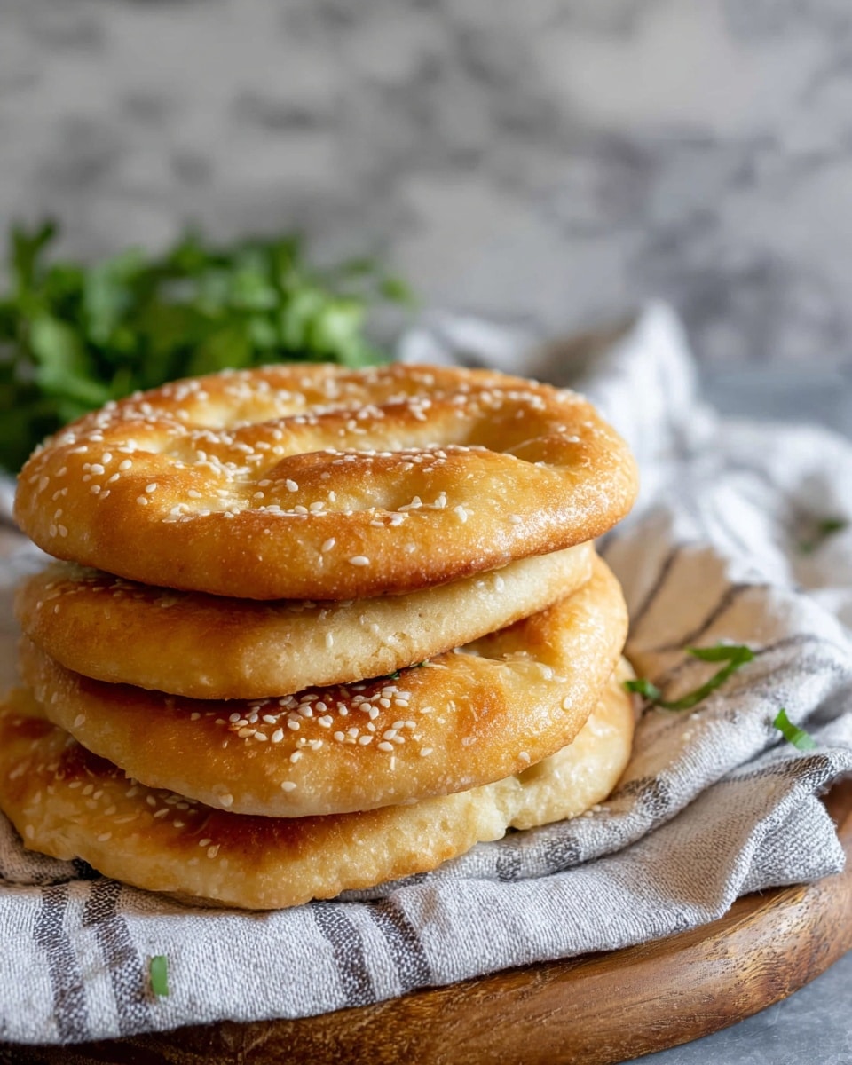 The image shows a stack of five round flatbreads with a golden brown color, shiny surface, and small sesame seeds sprinkled on top. Each flatbread has a slightly puffy texture with gentle indentations across the top, giving them a soft and light look. The flatbreads are placed on a folded white and gray striped cloth on a wooden board, with some fresh green herbs blurred in the background. The setting includes a white marbled texture surface behind the board. photo taken with an iphone --ar 4:5 --v 7