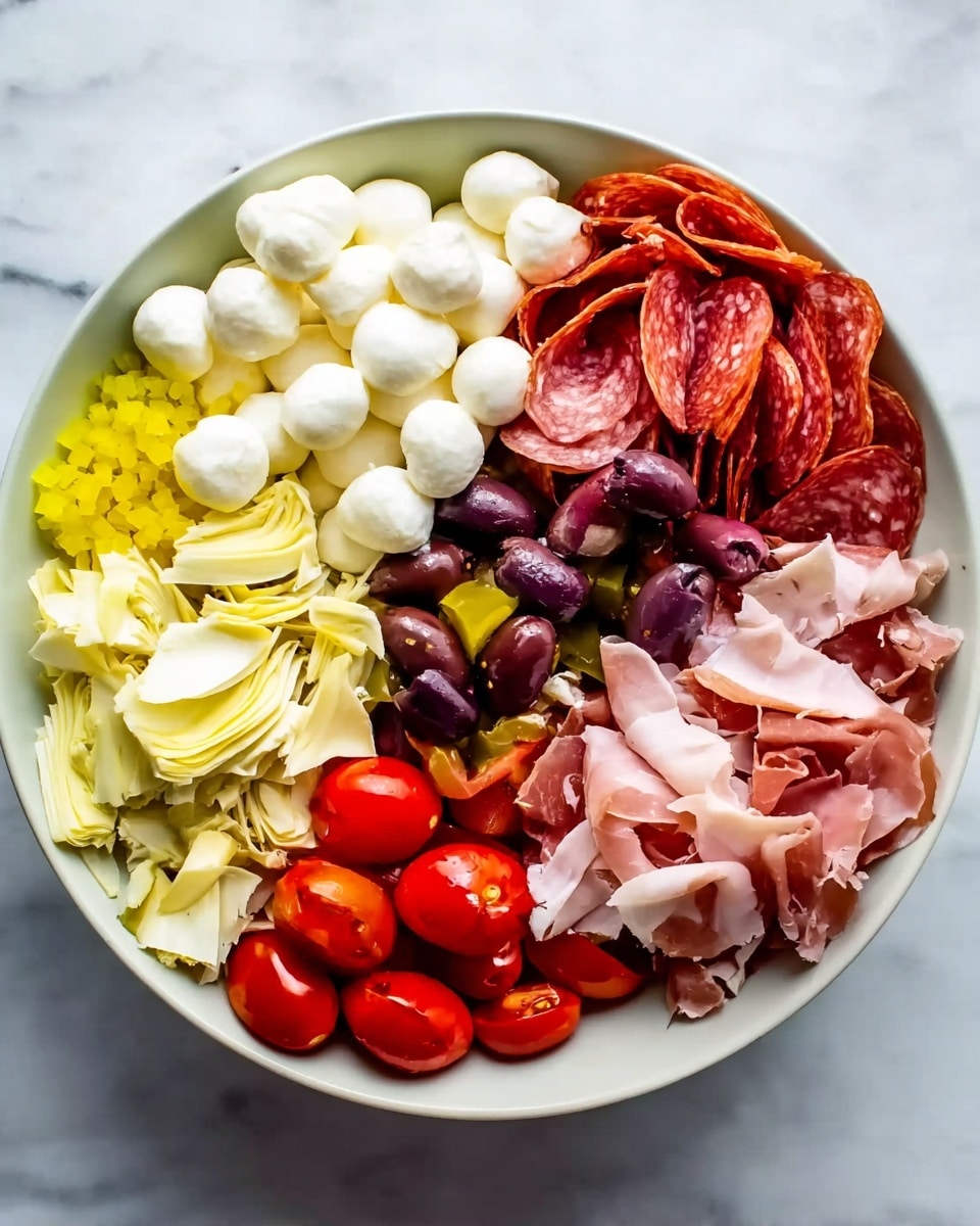 A white bowl on a white marbled surface holds a colorful salad arranged in separate sections. Starting from the top left, there is a pile of small, round white mozzarella balls with a smooth texture. To the right, thin, folded slices of red-pink salami form a loose, layered pile. Next, dark purple olive halves add a shiny and slightly wrinkled texture. Below the olives are thin, delicate pieces of pale pink prosciutto, loosely folded. Bright red cherry tomatoes, some whole and some sliced in half, sit below the prosciutto, showing their juicy interior with seeds. To the left of the tomatoes, shredded pale yellow artichoke hearts create a soft, layered texture. Finally, at the bottom left of the bowl, a small mound of chopped yellow pepperoncini provides a bright pop of color and a slightly rough texture. The visual layers are distinct and vibrant. Photo taken with an iphone --ar 4:5 --v 7
