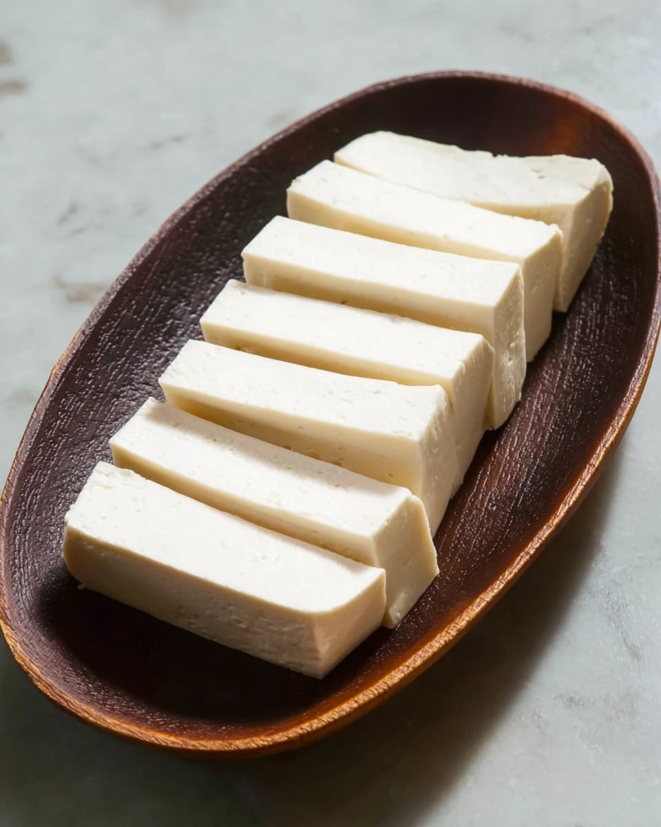 A row of eight thick white tofu slices is neatly placed on a dark brown, textured oval plate. Each tofu slice is rectangular with smooth edges and a clean, soft texture. The plate sits on a surface with a white marbled texture. The lighting highlights the softness and pure whiteness of the tofu. photo taken with an iphone --ar 4:5 --v 7