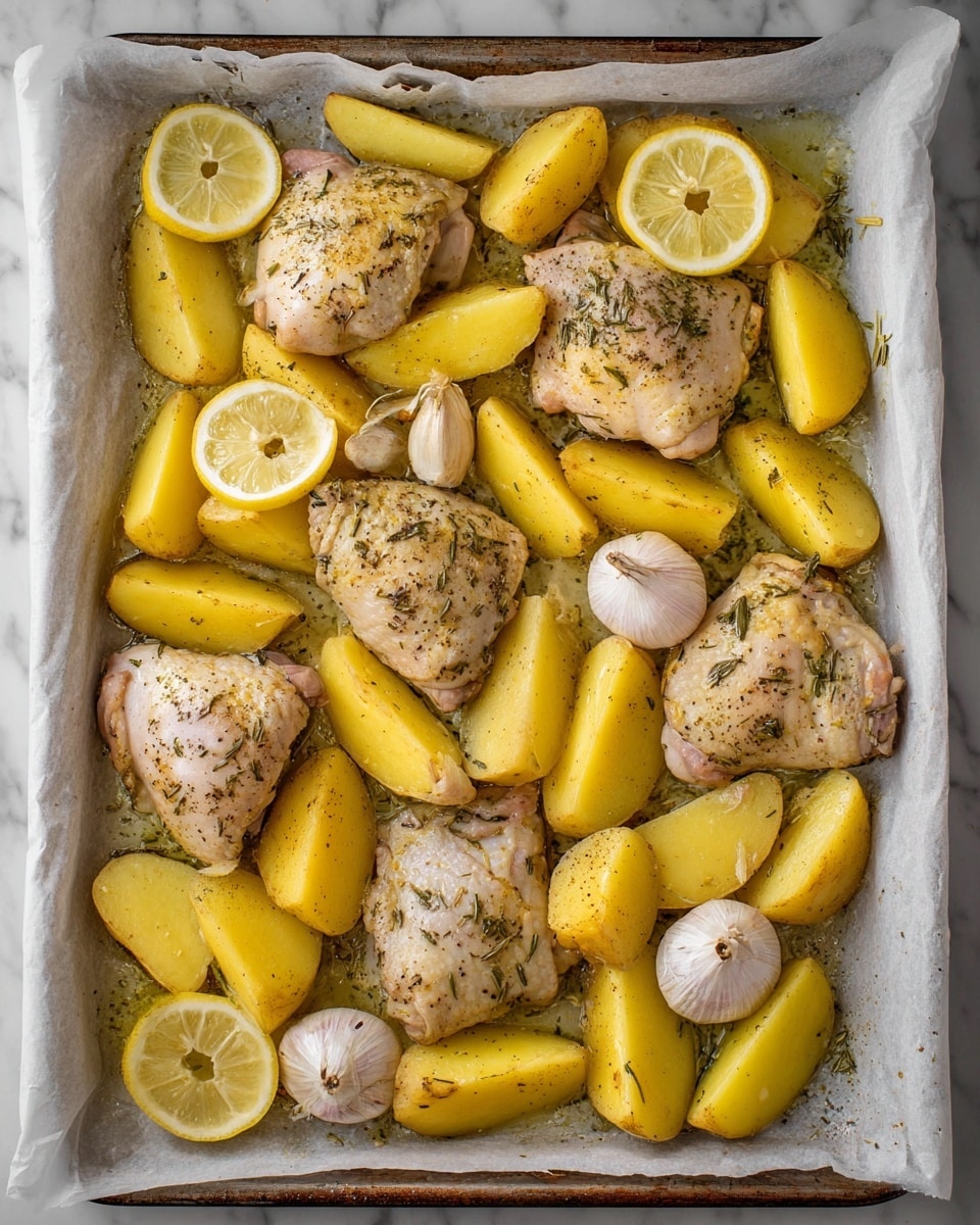 A baking tray lined with white parchment paper holds a single layer of food, including six pieces of chicken thighs with light golden skin seasoned with herbs, surrounded by large wedges of yellow potatoes seasoned with small herb bits. There are three lemon slices placed among the chicken and potatoes, adding a pop of bright yellow. Two halved garlic heads with visible cloves are also present, positioned near the center. The oil sheen covers parts of the tray, giving the ingredients a shiny and moist look. The tray sits on a white marbled texture surface. Photo taken with an iphone --ar 4:5 --v 7