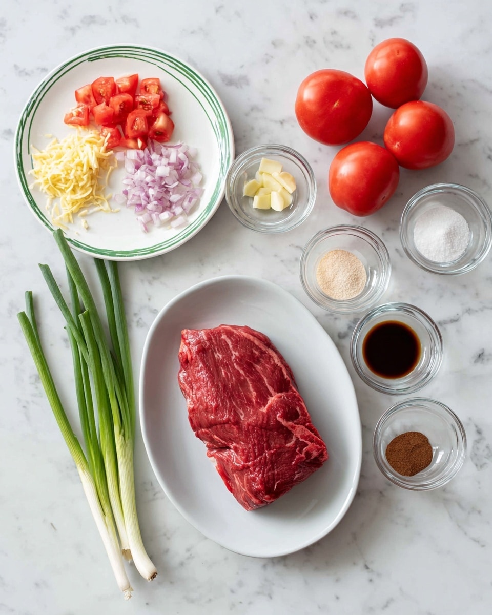 A white oval plate holds a single raw piece of red beef with visible muscle lines, positioned near the bottom center of the image. To its left, two green onion stalks lie on the white marbled surface. Above the beef, there are six whole red tomatoes arranged in a loose cluster, three on the left and three more spaced somewhat to the right. Above the tomatoes, a small white plate with a green rim contains three piles of chopped ingredients: pale yellow ginger strips, small light yellow garlic pieces, and chopped purple onions. Surrounding these main elements are multiple small clear glass bowls and a couple of small measuring cups with various powders and liquids in white, beige, dark brown, and red colors, all neatly arranged on the white marbled background. photo taken with an iphone --ar 4:5 --v 7