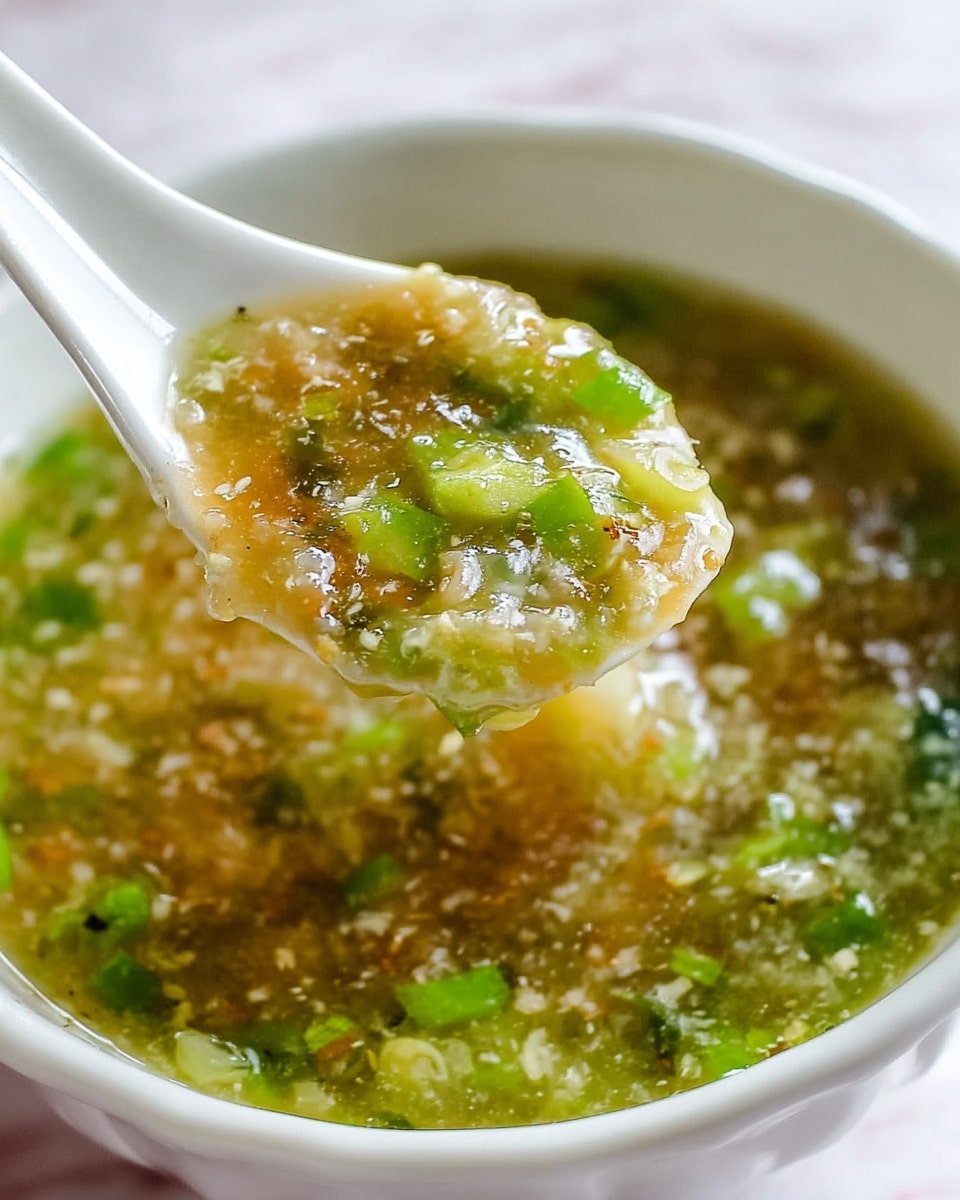A close-up view of a white bowl filled with a thick, chunky broth that has a mix of light brown and green colors. The soup looks oily with small pieces of green onion floating around. A white spoon is lifting up a scoop of the soup, showing a mix of soft, textured bits with light green onion pieces on top. The background features a white marbled surface. Photo taken with an iphone --ar 4:5 --v 7