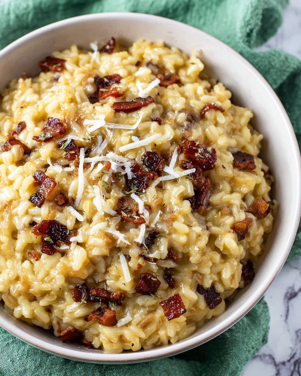 A close-up view of creamy yellow risotto served in a white bowl, filled generously. The risotto rice grains are visible, soft and slightly sticky, mixed with small pieces of dark brown crispy bacon scattered throughout. Thin shreds of white cheese are sprinkled on top, adding texture and contrast. The bowl rests on a green cloth, with a white marbled surface underneath. The photo taken with an iphone --ar 4:5 --v 7