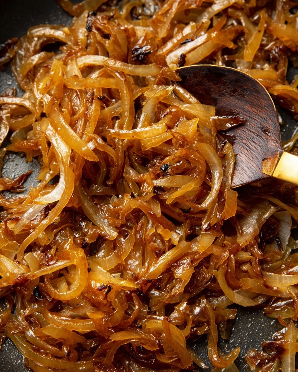 This image shows a close-up of caramelized onions. The onions are thinly sliced and cooked until they turn golden brown and soft with a slightly shiny texture from the cooking oil. They have a mix of deeper brown and lighter amber shades, spread across a dark cooking pan. A golden spoon with a dark wooden handle is resting among the onions, stirring them. The dish looks rich and glossy with some small blackened spots from caramelization. Photo taken with an iphone --ar 4:5 --v 7