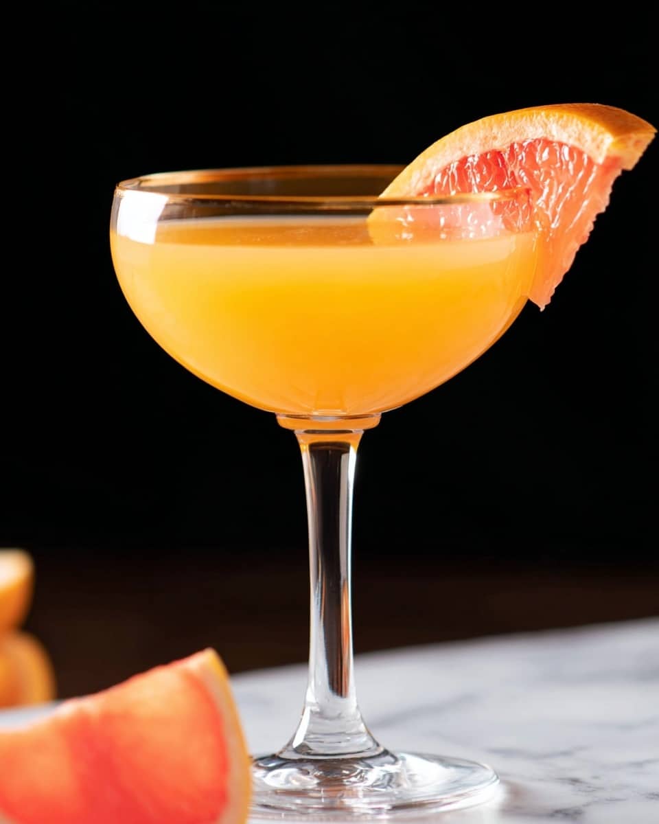 A clear glass coupe filled with a bright orange liquid is centered in the image. The glass has a smooth, rounded bowl and a slender stem, standing on a white marbled surface. On the rim of the glass, a fresh grapefruit slice with pinkish-red flesh and yellowish rind adds a pop of color. In the lower right corner, there is a blurred grapefruit wedge showing the same pink interior. The background is solid black, making the vibrant orange drink and grapefruit slice stand out vividly. photo taken with an iphone --ar 4:5 --v 7